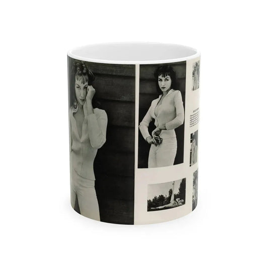 Julie Newmar #454 - Pages 44-45 Pages 1 & 2 of 2 with, Julie+6 B&W Photos & Caption from Bachelor Pin-Ups Issue #01 Mag. '57 (Vintage Female Icon) White Coffee Mug 11oz - Go Mug Yourself