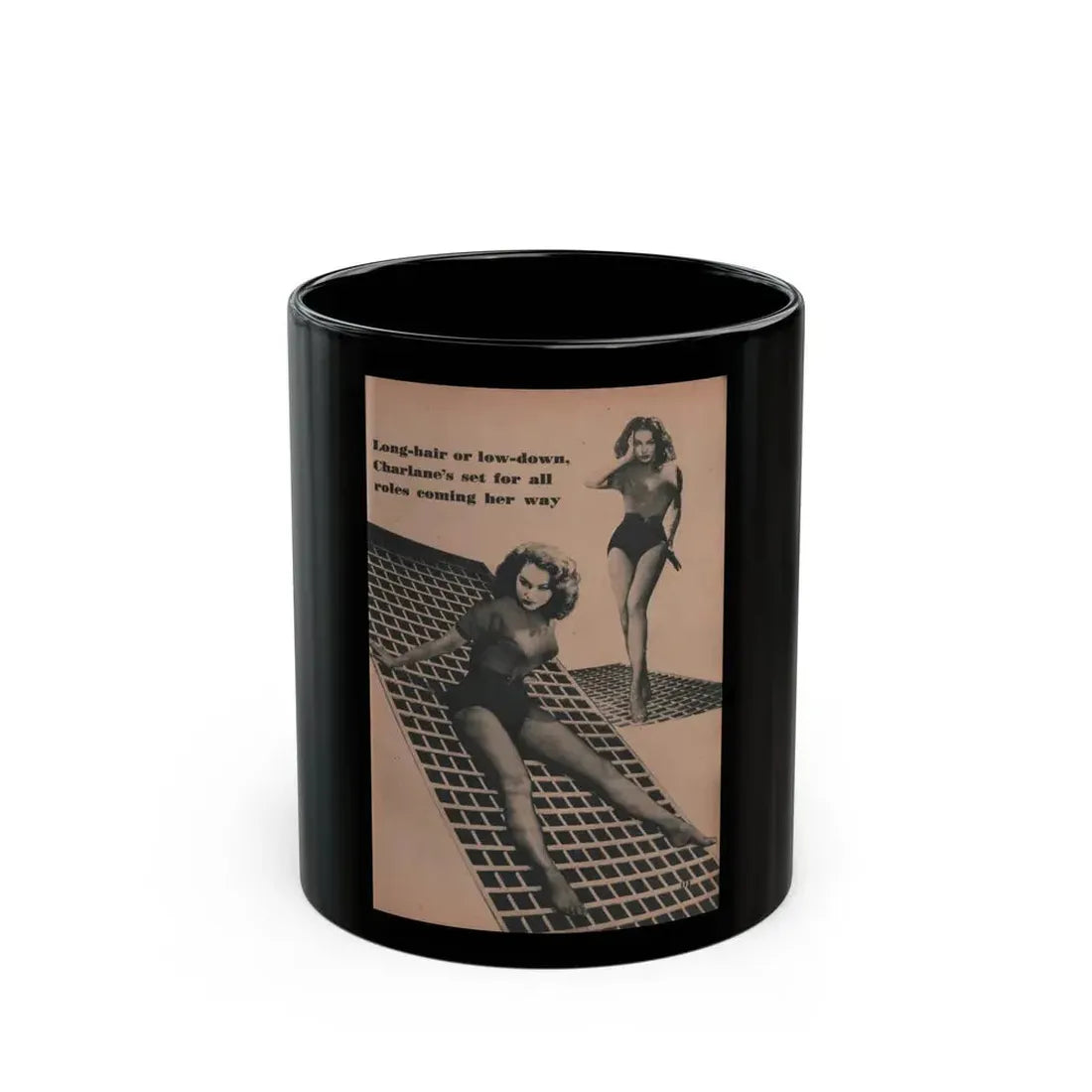 Julie Newmar #461 - Pages 113 Pages 5 of 5 with, Julie+3 B&W Photos & Caption from EYE Digest Mag. Dec. '53 (Vintage Female Icon) Black Coffee Mug 11oz - Go Mug Yourself