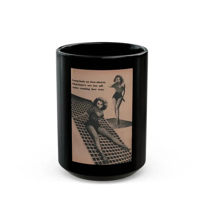 Julie Newmar #461 - Pages 113 Pages 5 of 5 with, Julie+3 B&W Photos & Caption from EYE Digest Mag. Dec. '53 (Vintage Female Icon) Black Coffee Mug 15oz - Go Mug Yourself