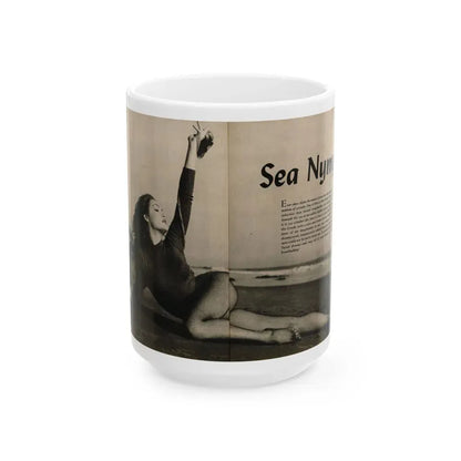 Julie Newmar #480 - Pages 6-7 Pages 1 & 2 of 4 with, Julie+1 B&W Centerfold Photo & Paragraph from COVER GIRLS MODELS Mag. June '54 (Vintage Female Icon) White Coffee Mug 15oz - Go Mug Yourself