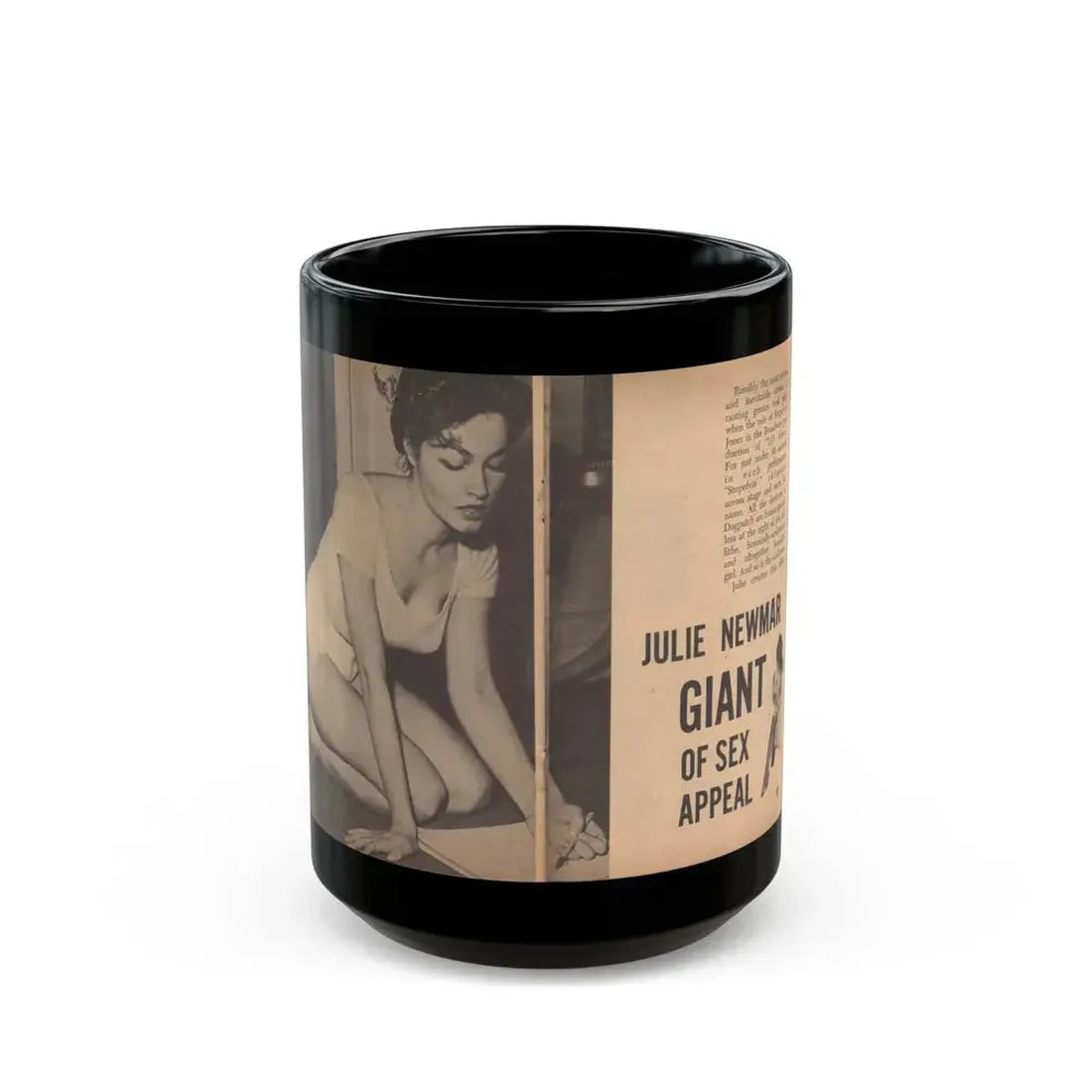 Julie Newmar #482 - Pages 36-37 Pages, 1 & 2 of 5 with, Julie+2 B&W Photos, Caption & Article from Glance Pocket Mag. Dec. '57 (Vintage Female Icon) Black Coffee Mug 15oz - Go Mug Yourself