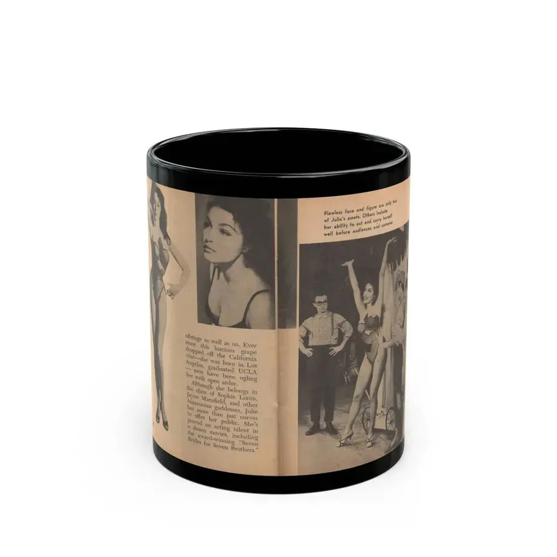 Julie Newmar #483 - Pages 38-39 Pages, 3 & 4 of 5 with, Julie+3 B&W Photos, Caption & Article from Glance Pocket Mag. Dec. '57 (Vintage Female Icon) Black Coffee Mug 11oz - Go Mug Yourself