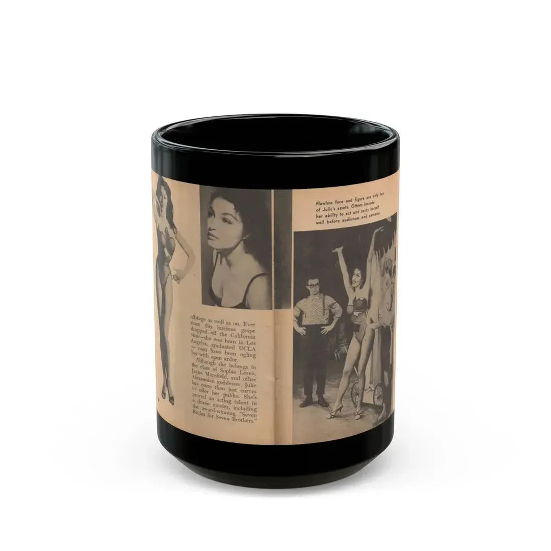 Julie Newmar #483 - Pages 38-39 Pages, 3 & 4 of 5 with, Julie+3 B&W Photos, Caption & Article from Glance Pocket Mag. Dec. '57 (Vintage Female Icon) Black Coffee Mug 15oz - Go Mug Yourself