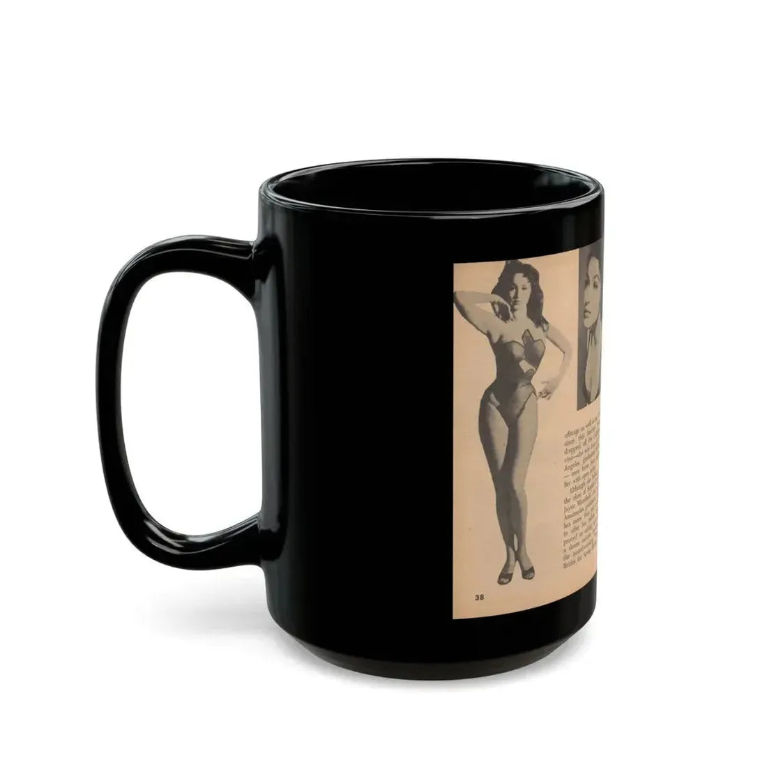 Julie Newmar #483 - Pages 38-39 Pages, 3 & 4 of 5 with, Julie+3 B&W Photos, Caption & Article from Glance Pocket Mag. Dec. '57 (Vintage Female Icon) Black Coffee Mug - Go Mug Yourself