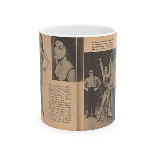Julie Newmar #483 - Pages 38-39 Pages, 3 & 4 of 5 with, Julie+3 B&W Photos, Caption & Article from Glance Pocket Mag. Dec. '57 (Vintage Female Icon) White Coffee Mug 11oz - Go Mug Yourself