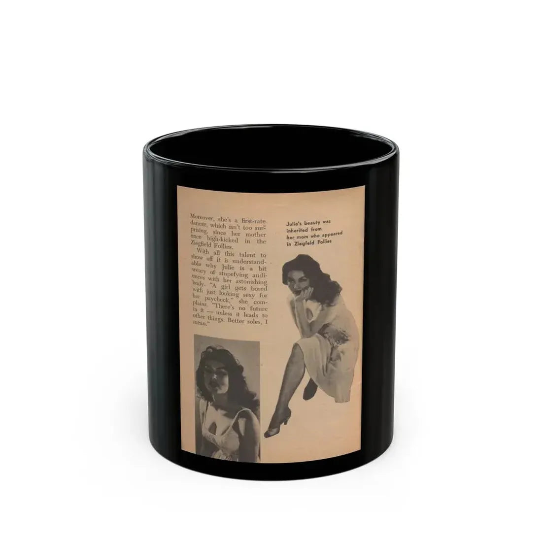 Julie Newmar #484 - Pages 40 Pages, 5 of 5 with, Julie+2 B&W Photos, Caption & Article from Glance Pocket Mag. Dec. '57 (Vintage Female Icon) Black Coffee Mug 11oz - Go Mug Yourself