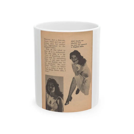 Julie Newmar #484 - Pages 40 Pages, 5 of 5 with, Julie+2 B&W Photos, Caption & Article from Glance Pocket Mag. Dec. '57 (Vintage Female Icon) White Coffee Mug 11oz - Go Mug Yourself