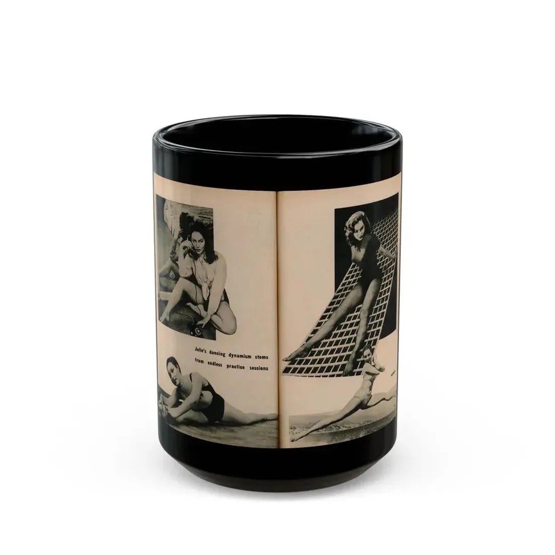 Julie Newmar #493 - Pages 54-55 Pages 5 & 6 of 8 with, Julie+4 B&W Photos & 1 Caption from EYE Digest Mag. December '54 (Vintage Female Icon) Black Coffee Mug 15oz - Go Mug Yourself
