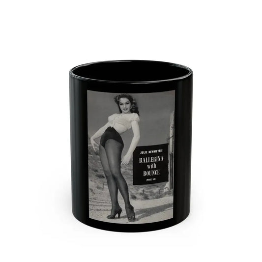 Julie Newmar #495 - Reverse side of back cover with, Intro to Julie and 1 B&W Photo & Caption from EYE Digest Mag. December '54 (Vintage Female Icon) Black Coffee Mug 11oz - Go Mug Yourself