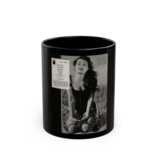 Julie Newmar #500 - Reverse side of front cover Intro to Julie with, 1 Full Page B&W Photo from Nugget Magazine July '57 (Vintage Female Icon) Black Coffee Mug 11oz - Go Mug Yourself