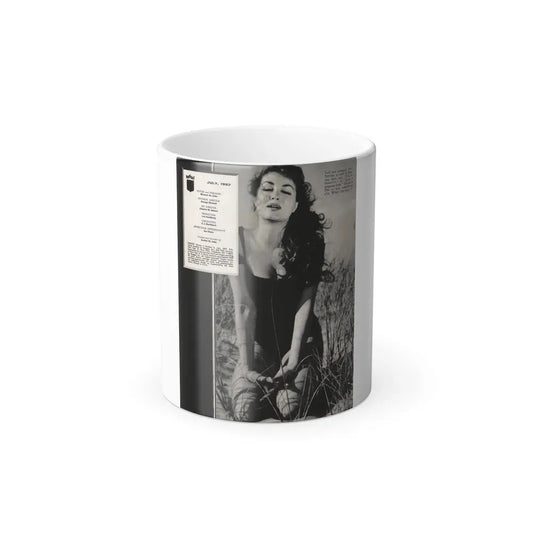 Julie Newmar #500 - Reverse side of front cover Intro to Julie with, 1 Full Page B&W Photo from Nugget Magazine July '57 (Vintage Female Icon) Color Changing Coffee Mug 11oz - Go Mug Yourself