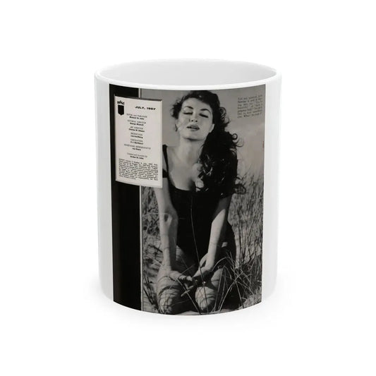 Julie Newmar #500 - Reverse side of front cover Intro to Julie with, 1 Full Page B&W Photo from Nugget Magazine July '57 (Vintage Female Icon) White Coffee Mug 11oz - Go Mug Yourself