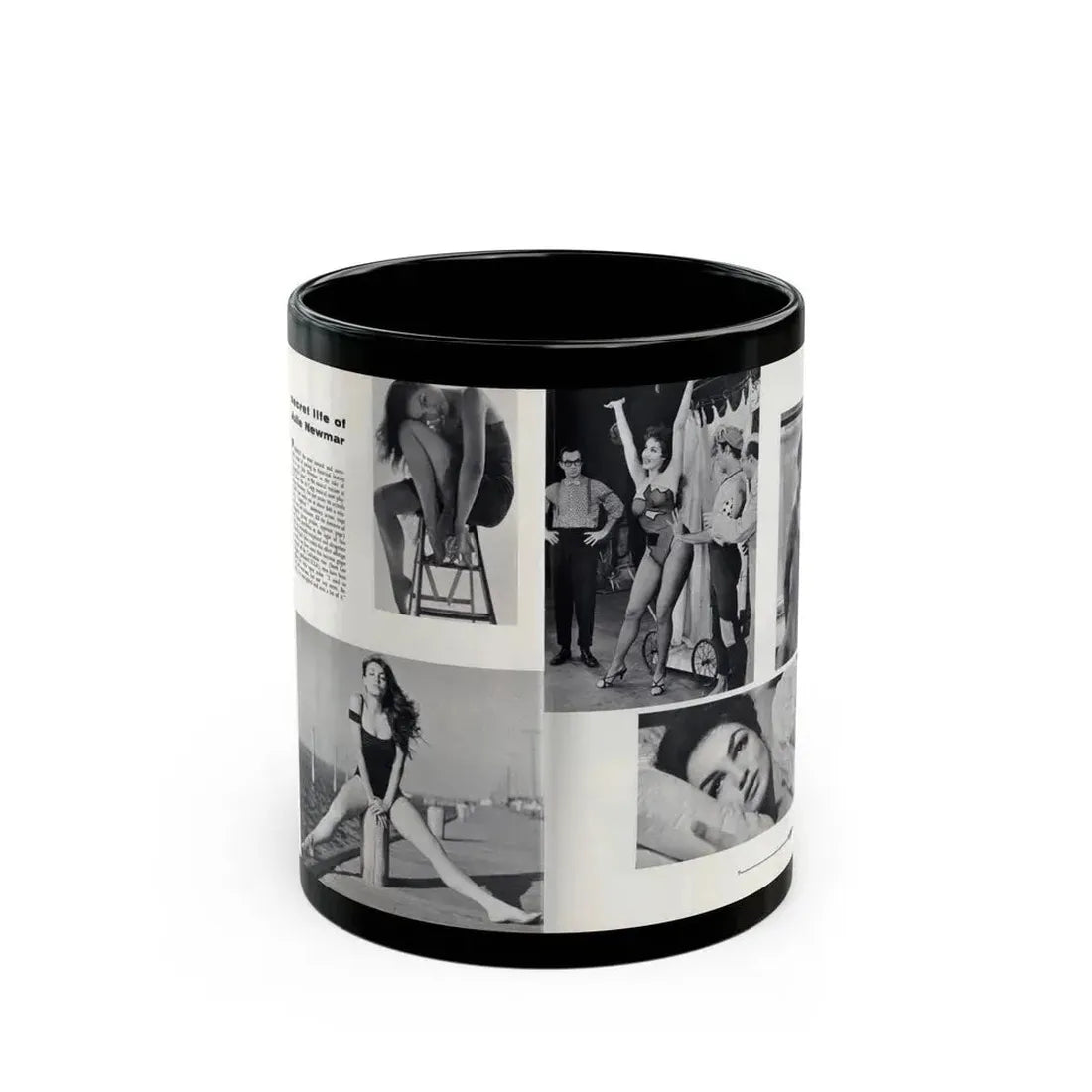Julie Newmar #501 - Pages 8-9 Pages 1 & 2 of 4 with, Julie+5 B&W Photos from Nugget Magazine July '57 (Vintage Female Icon) Black Coffee Mug 11oz - Go Mug Yourself