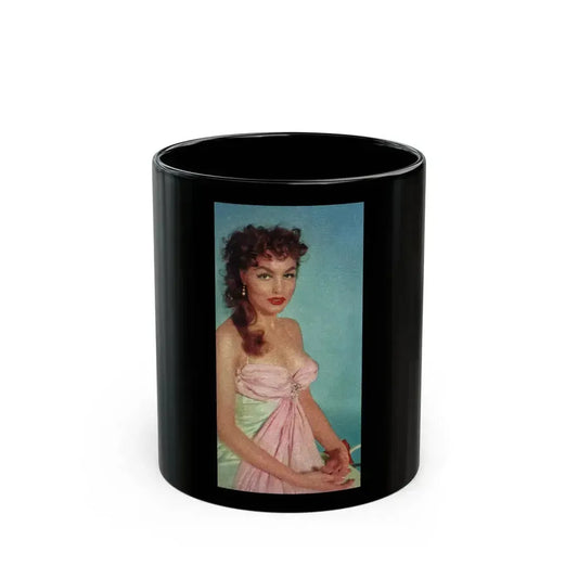 Julie Newmar #502 - Pages 10 Pages 3 of 4 with, Julie 1 Small Cropped Color Photo from Nugget Magazine July '57 (Vintage Female Icon) Black Coffee Mug 11oz - Go Mug Yourself