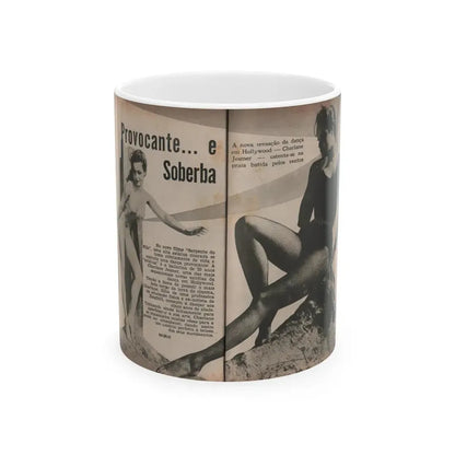 Julie Newmar #593 - Pages - Pages 1 & 2 of 4 with, Julie+2 B&W Photos, Article & Caption from Aconteceu MARCO DE 1955 Brazilian Digest Mag. (Vintage Female Icon) White Coffee Mug 11oz - Go Mug Yourself