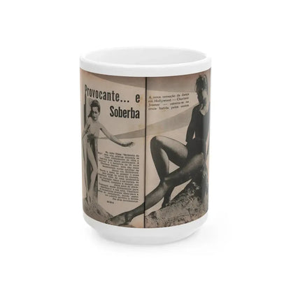Julie Newmar #593 - Pages - Pages 1 & 2 of 4 with, Julie+2 B&W Photos, Article & Caption from Aconteceu MARCO DE 1955 Brazilian Digest Mag. (Vintage Female Icon) White Coffee Mug 15oz - Go Mug Yourself