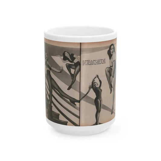 Julie Newmar #594 - Pages - Pages 3 & 4 of 4 with, Julie+4 B&W Photis & Caption from Aconteceu MARCO DE 1955 Brazilian Digest Mag. (Vintage Female Icon) White Coffee Mug 15oz - Go Mug Yourself