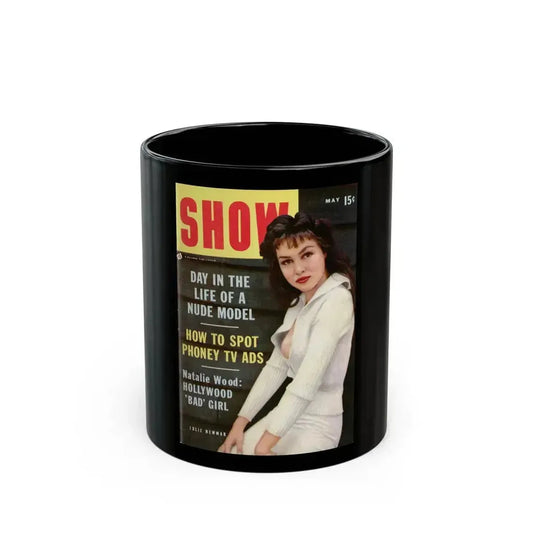 Julie Newmar #598 - Julie on cover in Color & inside spread of SHOW Pocket Mag. May '57 also Julie has inside spread (Vintage Female Icon) Black Coffee Mug 11oz - Go Mug Yourself