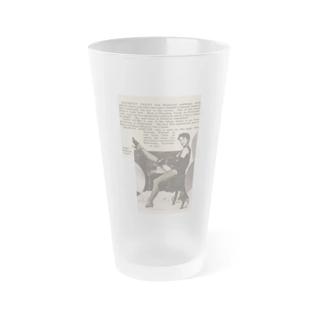 Kathryn Grant #129 - 3x4.75 Small B&W Pin-Up Magazine Clipping & Brief Article (Vintage Female Icon) Frosted Pint Glass 16oz 16oz Frosted - Go Mug Yourself