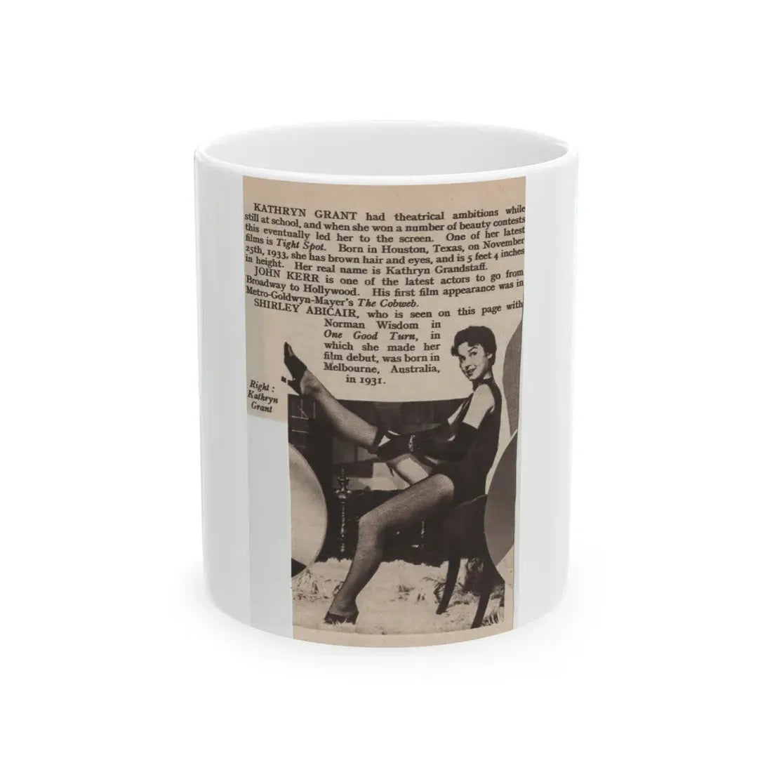 Kathryn Grant #129 - 3x4.75 Small B&W Pin-Up Magazine Clipping & Brief Article (Vintage Female Icon) White Coffee Mug 11oz - Go Mug Yourself