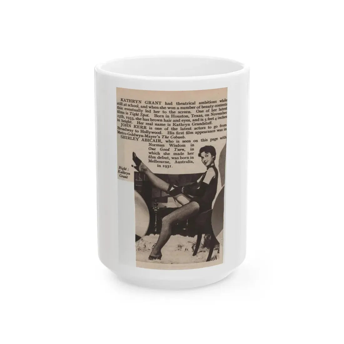 Kathryn Grant #129 - 3x4.75 Small B&W Pin-Up Magazine Clipping & Brief Article (Vintage Female Icon) White Coffee Mug 15oz - Go Mug Yourself