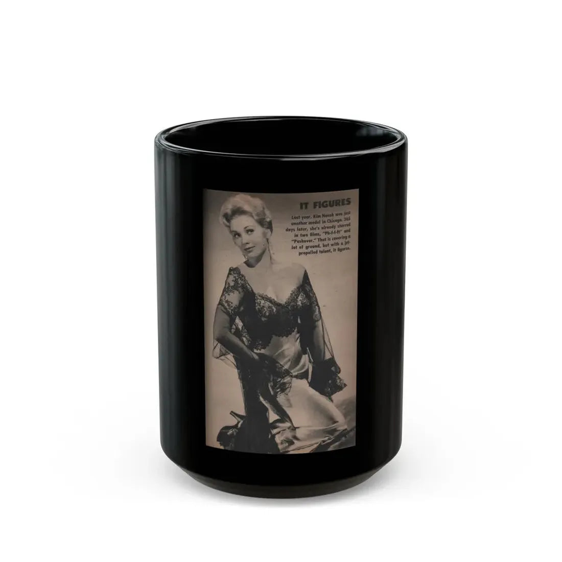 Kim Novak #220 - Tab Mag. April '55 - B&W Photo & Caption (Vintage Female Icon) Black Coffee Mug 15oz - Go Mug Yourself