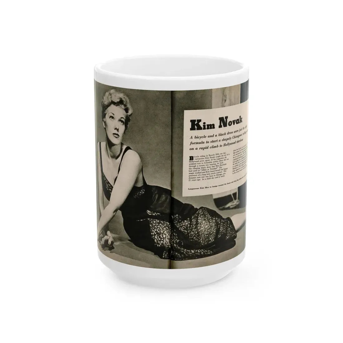 Kim Novak #383 - Fabulous Females Mag. Issue #1 '55 - 1 B&W Centerfold (Vintage Female Icon) White Coffee Mug 15oz - Go Mug Yourself