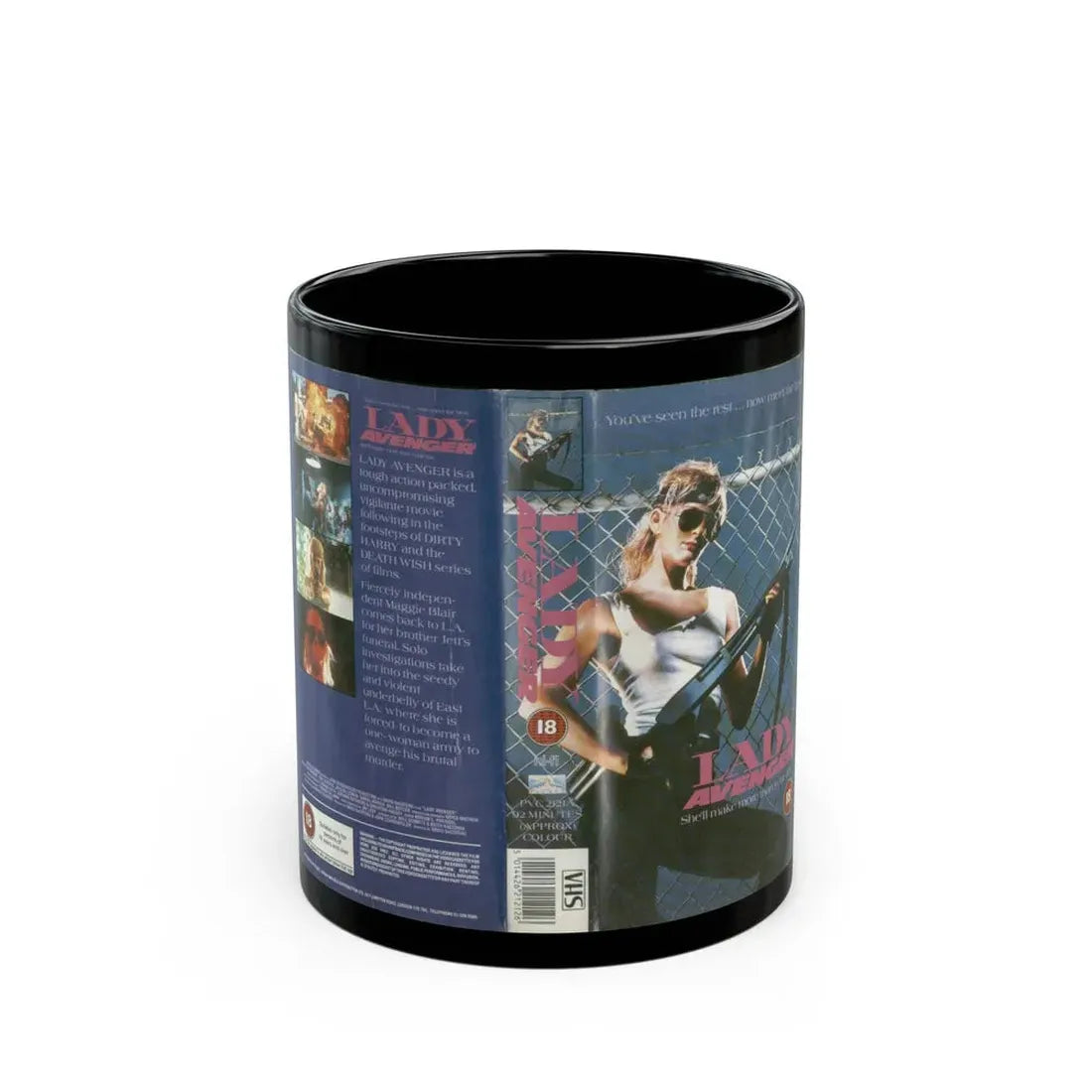 LADY AVENGER (VHS COVER) - Black Coffee Mug 11oz - Go Mug Yourself