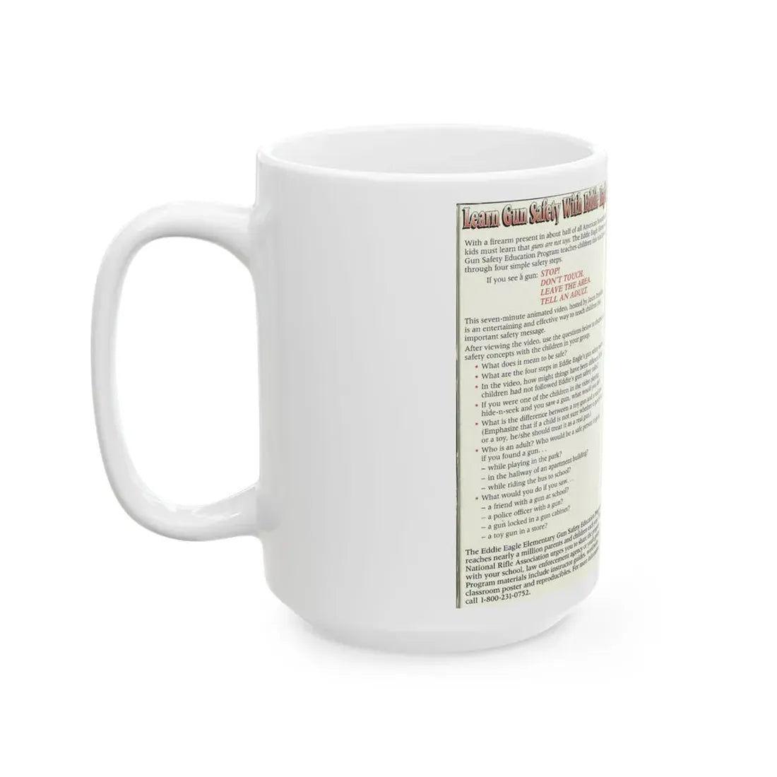 LEARN GUN SAFETY WITH EDDIE EAGLE HOSTED BY JASON PRIESTLEY STRANGE (VHS COVER) - White Coffee Mug - Go Mug Yourself