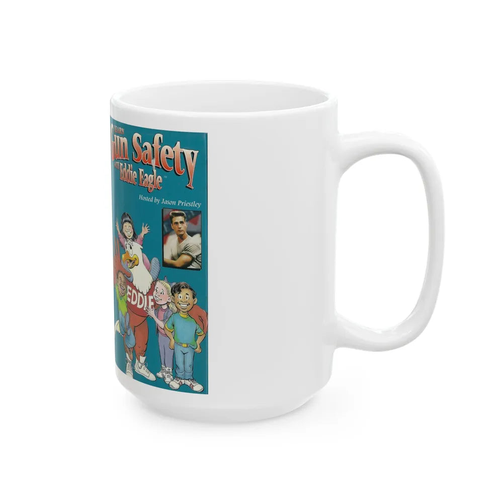 LEARN GUN SAFETY WITH EDDIE EAGLE HOSTED BY JASON PRIESTLEY STRANGE (VHS COVER) - White Coffee Mug-Go Mug Yourself