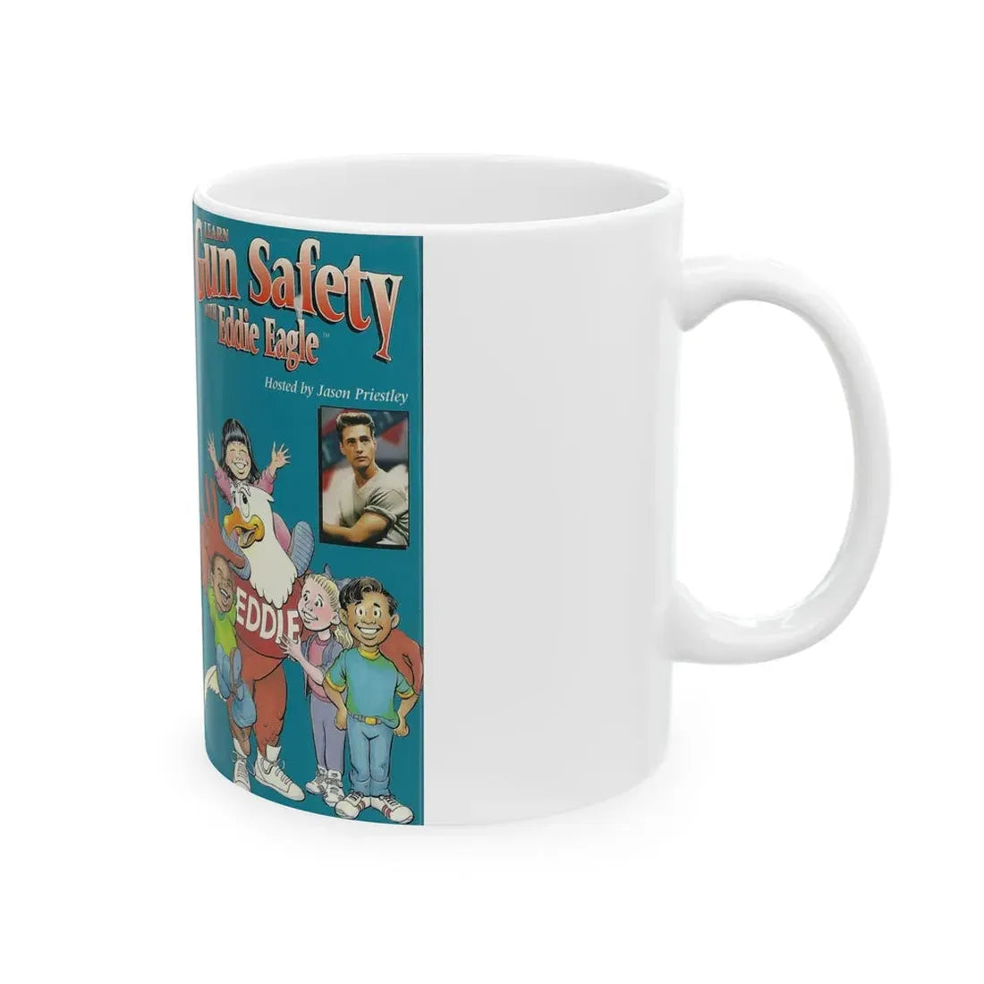 LEARN GUN SAFETY WITH EDDIE EAGLE HOSTED BY JASON PRIESTLEY STRANGE (VHS COVER) - White Coffee Mug - Go Mug Yourself