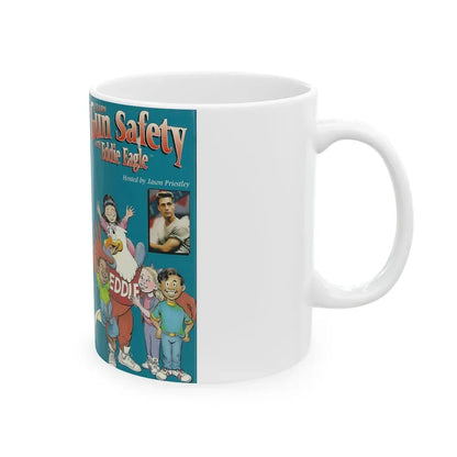 LEARN GUN SAFETY WITH EDDIE EAGLE HOSTED BY JASON PRIESTLEY STRANGE (VHS COVER) - White Coffee Mug - Go Mug Yourself