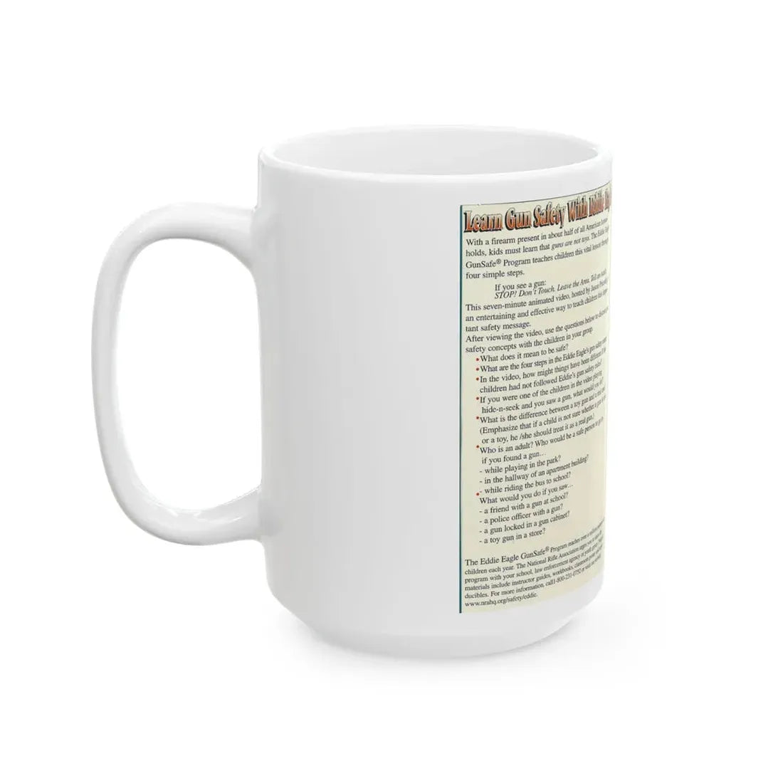 LEARN GUN SAFETY WITH EDDIE EAGLE HOSTED BY JASON PRIESTLEY (VHS COVER) - White Coffee Mug - Go Mug Yourself