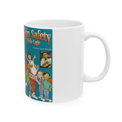 LEARN GUN SAFETY WITH EDDIE EAGLE HOSTED BY JASON PRIESTLEY (VHS COVER) - White Coffee Mug - Go Mug Yourself