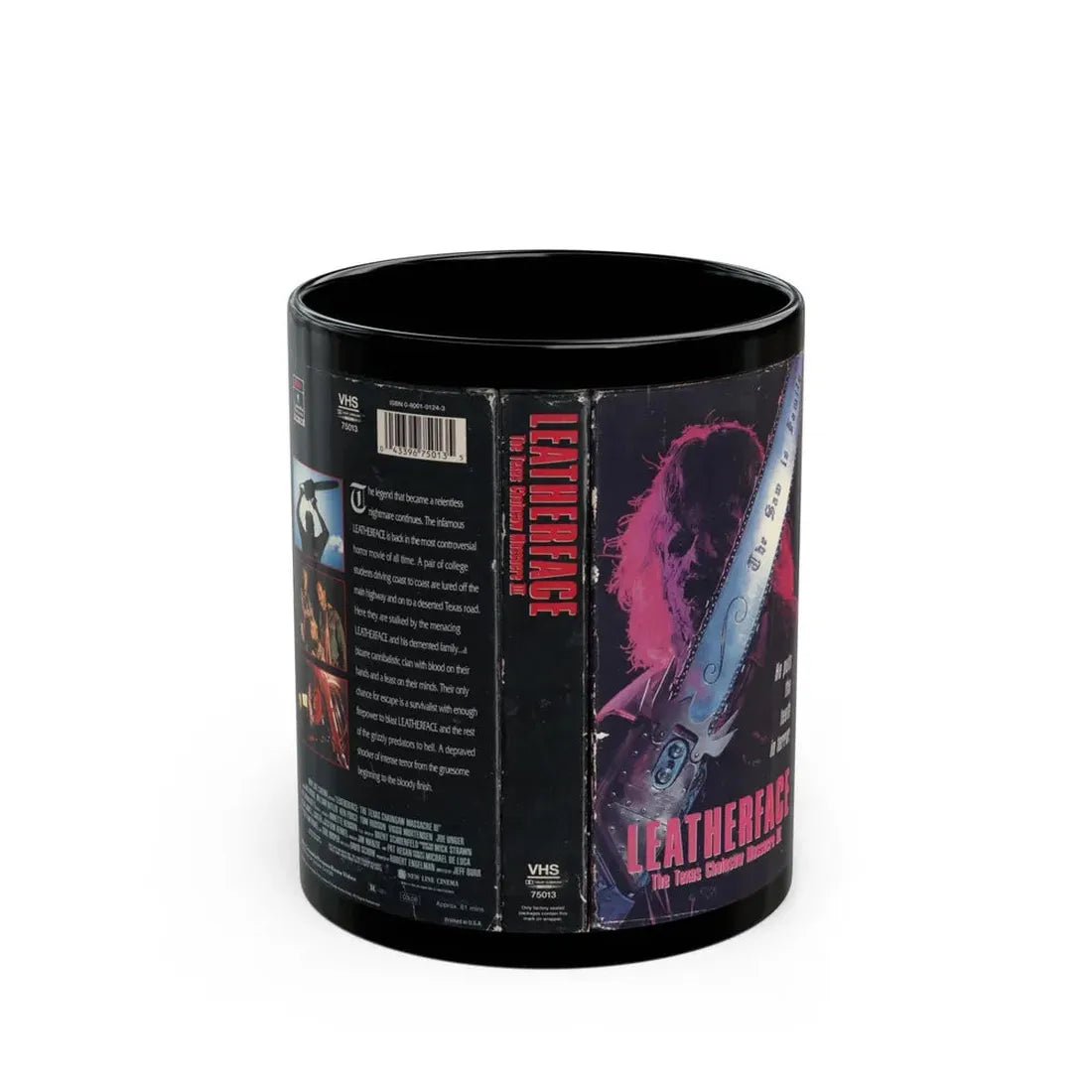 LEATHERFACE THE TEXAS CHAINSAW MASSACRE 3 (VHS COVER) - Black Coffee Mug 11oz - Go Mug Yourself