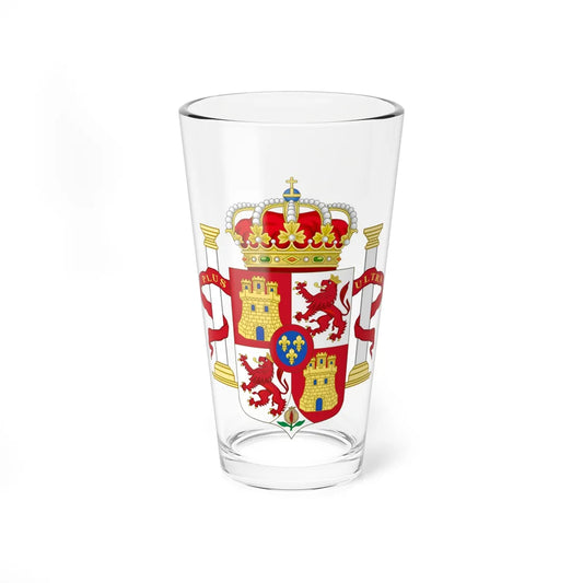 Lesser Royal Coat of Arms of Spain 1700-1868 and 1834-1930 Pillars of Hercules Variant (Costa Rica) (Coat of Arms) Pint Glass 16oz 16oz - Go Mug Yourself