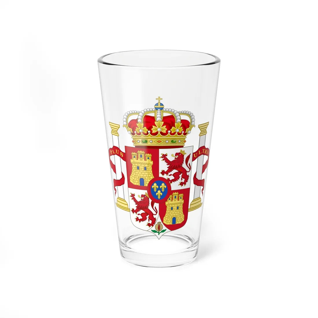 Lesser Royal Coat of Arms of Spain 1700-1868 and 1834-1930 Pillars of Hercules Variant (Equatorial Guinea) (Coat of Arms) Pint Glass 16oz 16oz - Go Mug Yourself