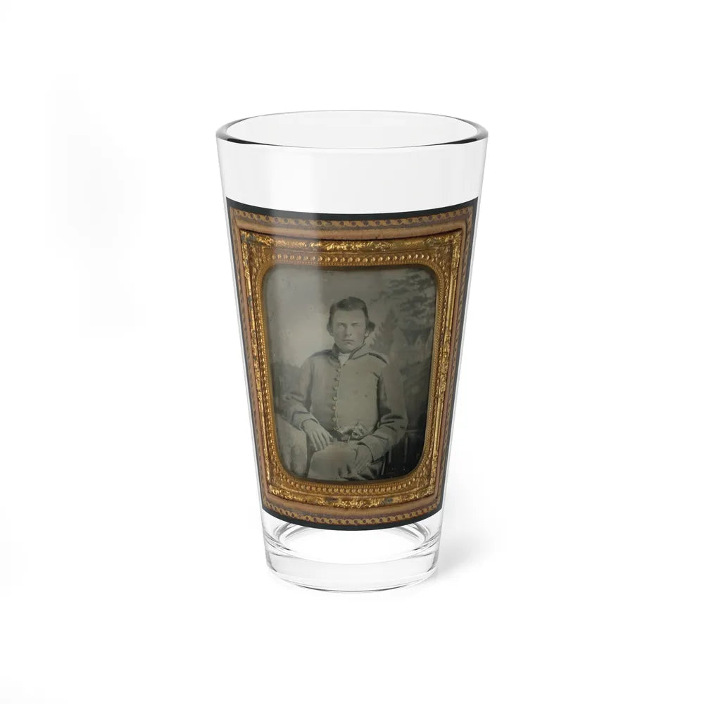 Lewis Hicks Of Company H, 53rd North Carolina Infantry Regiment With Pistol In Front Of Painted Backdrop Showing A Gabled House (U.S. Civil War) Pint Glass 16oz-16oz-Go Mug Yourself