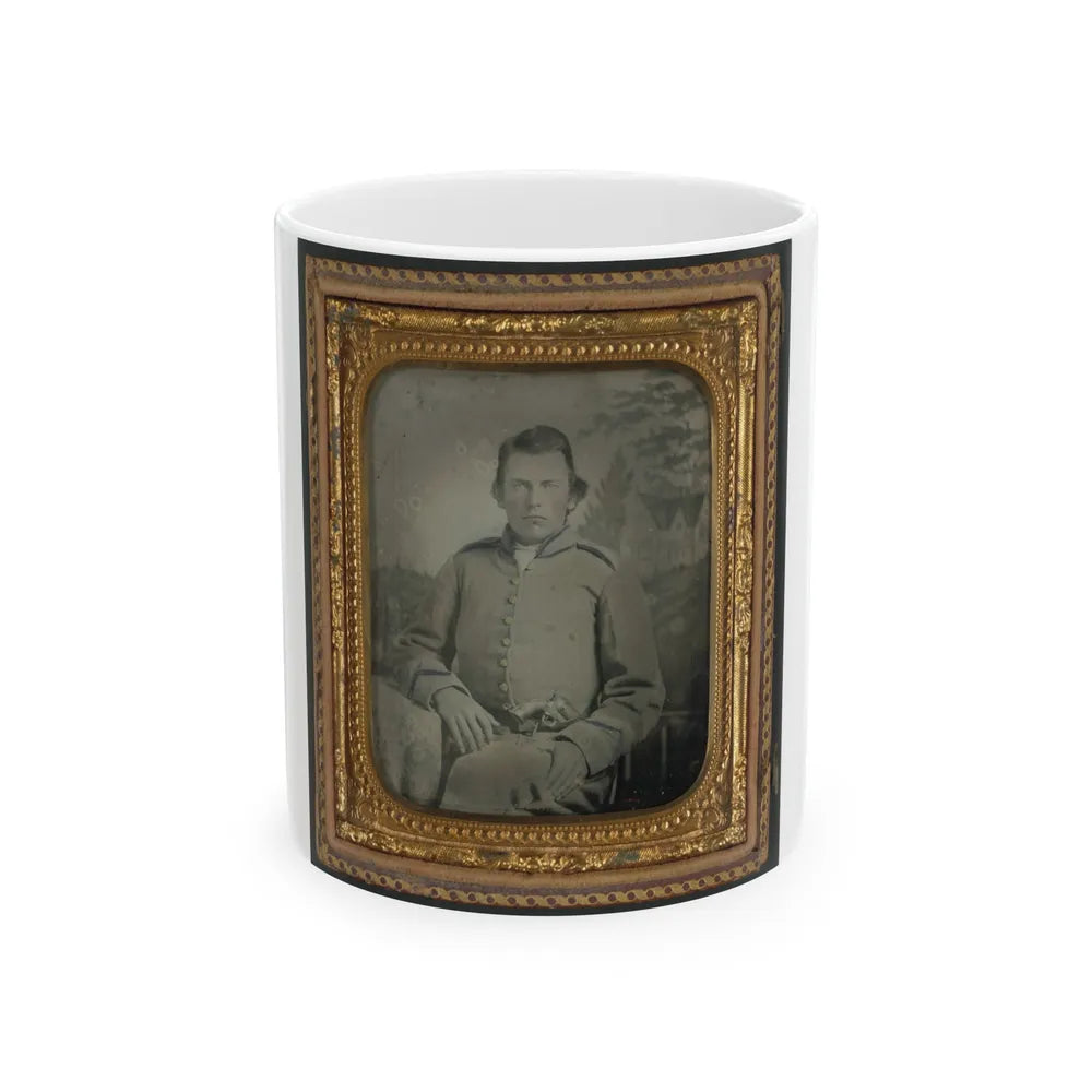 Lewis Hicks Of Company H, 53rd North Carolina Infantry Regiment With Pistol In Front Of Painted Backdrop Showing A Gabled House (U.S. Civil War) White Coffee Mug-11oz-Go Mug Yourself