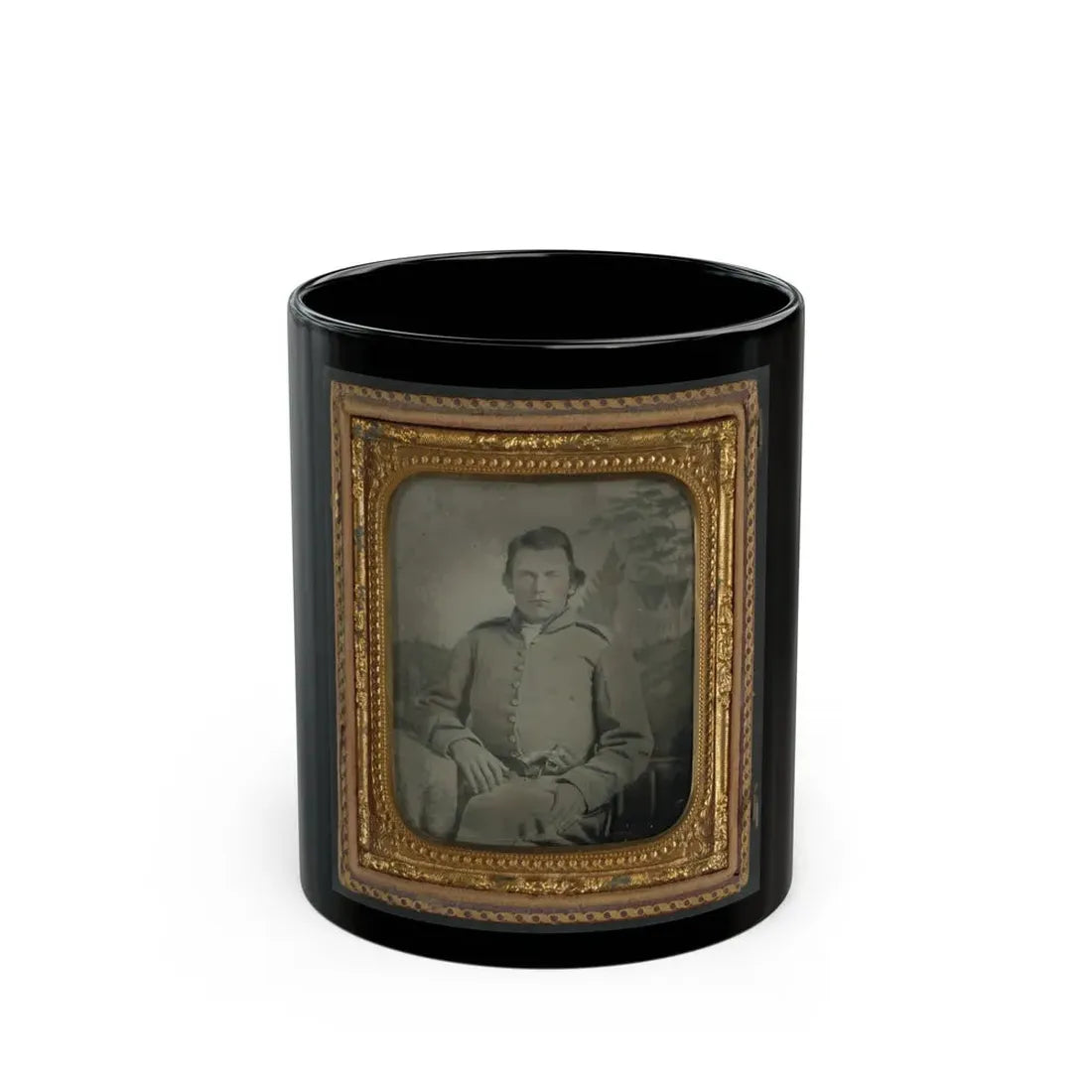 Lewis Hicks Of Company H, 53rd North Carolina Infantry Regiment With Pistol In Front Of Painted Backdrop Showing A Gabled House (U.S. Civil War) Black Coffee Mug 11oz - Go Mug Yourself
