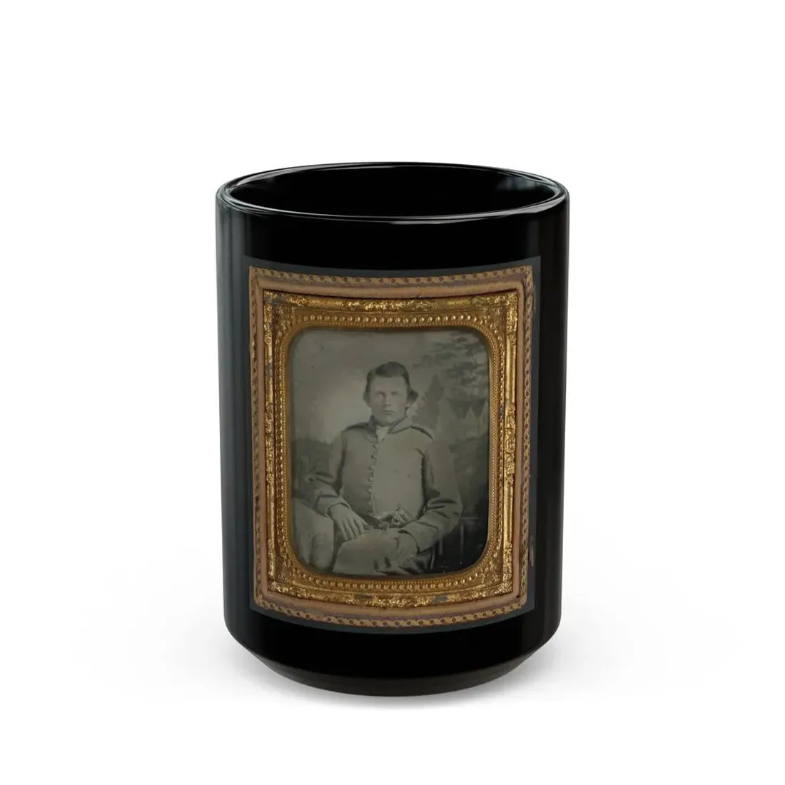 Lewis Hicks Of Company H, 53rd North Carolina Infantry Regiment With Pistol In Front Of Painted Backdrop Showing A Gabled House (U.S. Civil War) Black Coffee Mug 15oz - Go Mug Yourself