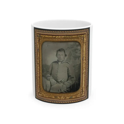 Lewis Hicks Of Company H, 53rd North Carolina Infantry Regiment With Pistol In Front Of Painted Backdrop Showing A Gabled House (U.S. Civil War) White Coffee Mug 11oz - Go Mug Yourself