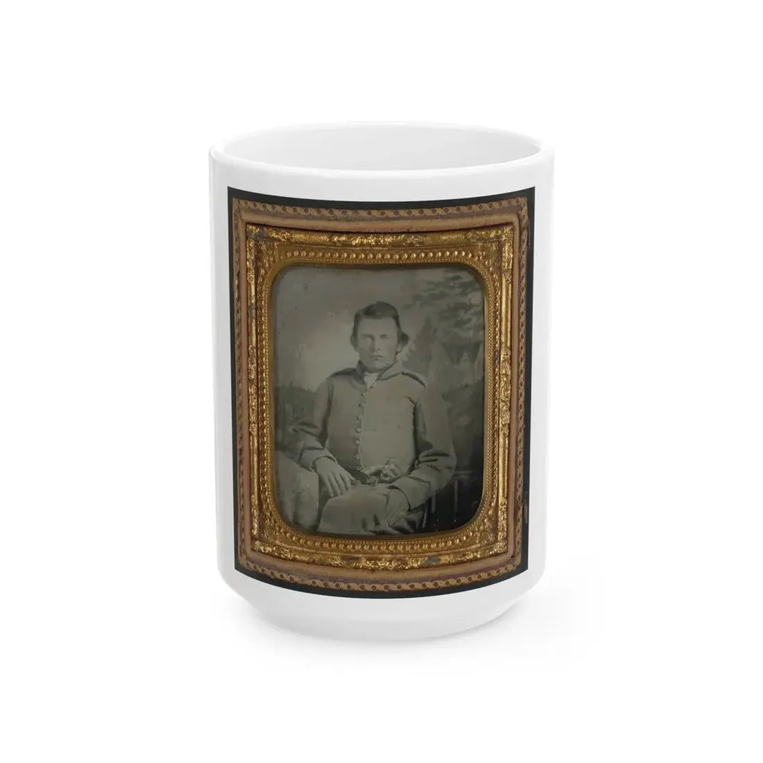 Lewis Hicks Of Company H, 53rd North Carolina Infantry Regiment With Pistol In Front Of Painted Backdrop Showing A Gabled House (U.S. Civil War) White Coffee Mug 15oz - Go Mug Yourself