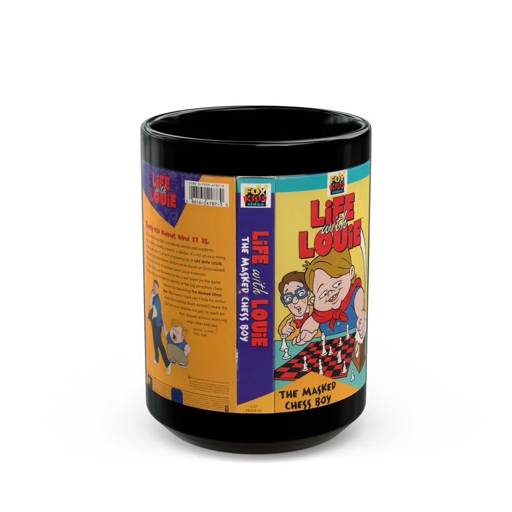 LIFE WITH LOUIE THE MASKED CHESS BOY (VHS COVER) - Black Coffee Mug-15oz-Go Mug Yourself