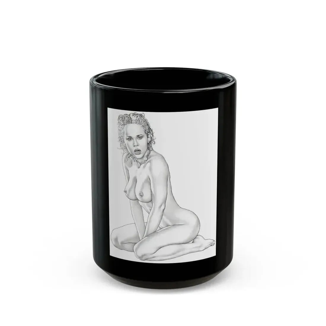 Linda Blair #169 - Nude Pencil Drawing (Vintage Female Icon) Black Coffee Mug 15oz - Go Mug Yourself