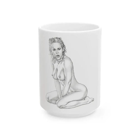 Linda Blair #169 - Nude Pencil Drawing (Vintage Female Icon) White Coffee Mug 15oz - Go Mug Yourself