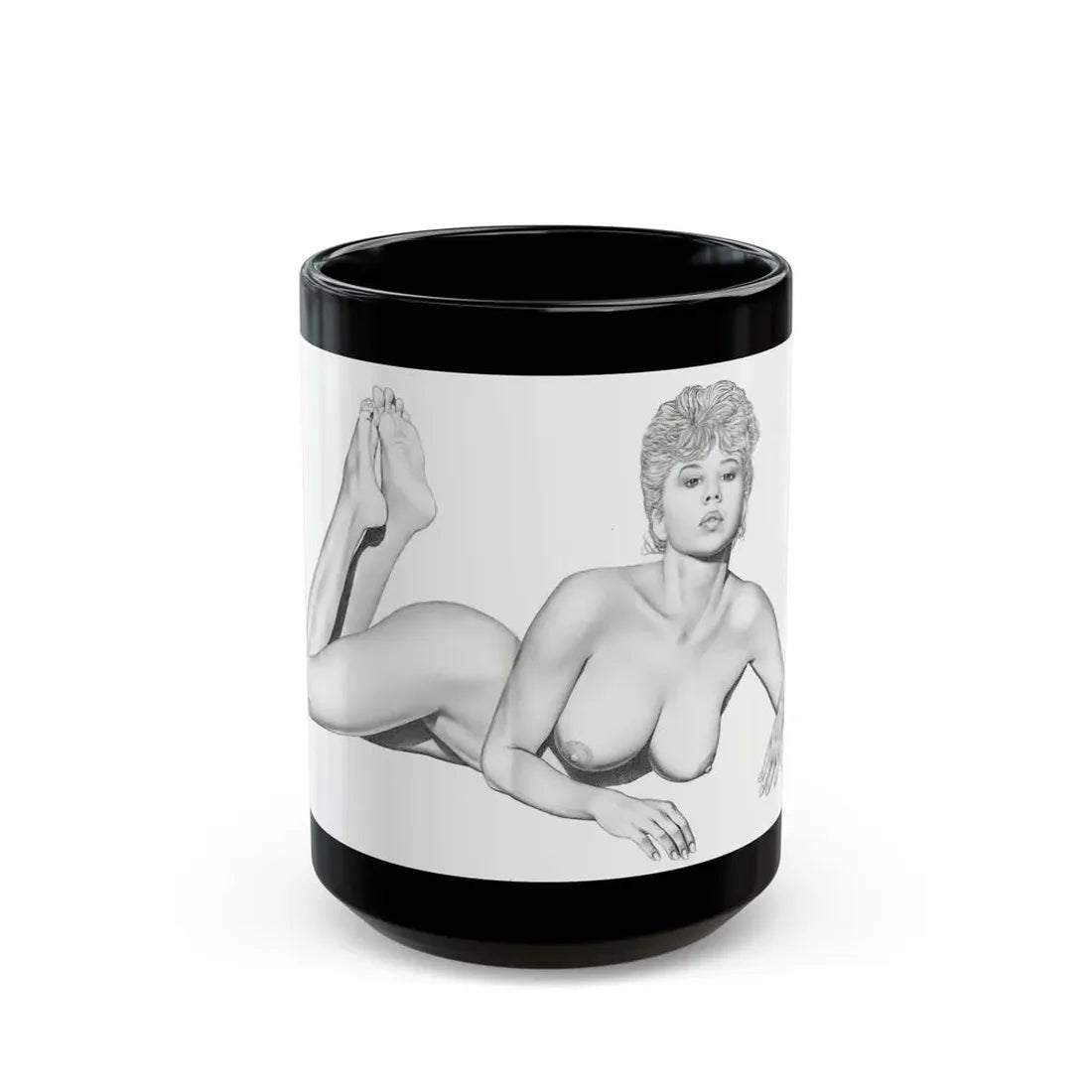 Linda Blair #172 - Nude Pencil Drawing (Vintage Female Icon) Black Coffee Mug 15oz - Go Mug Yourself