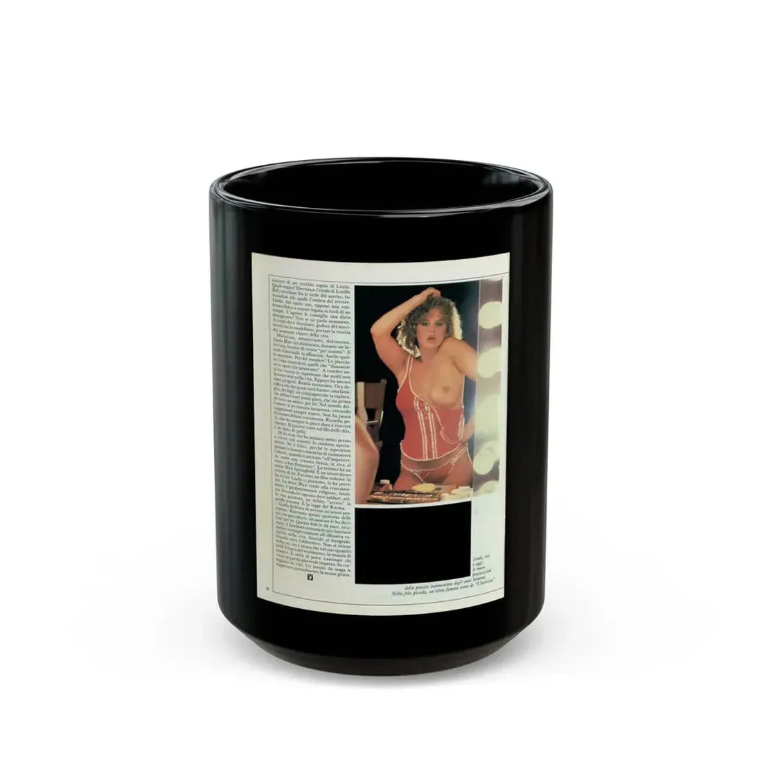 Linda Blair #221 - Partially Topless (Vintage Female Icon) Black Coffee Mug 15oz - Go Mug Yourself