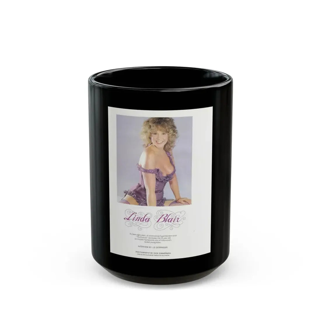 Linda Blair #314 - 1 Page, 1 Photo with lingerie & nipples exposed from OUI Mag. October '82 3 (Vintage Female Icon) Black Coffee Mug 15oz - Go Mug Yourself