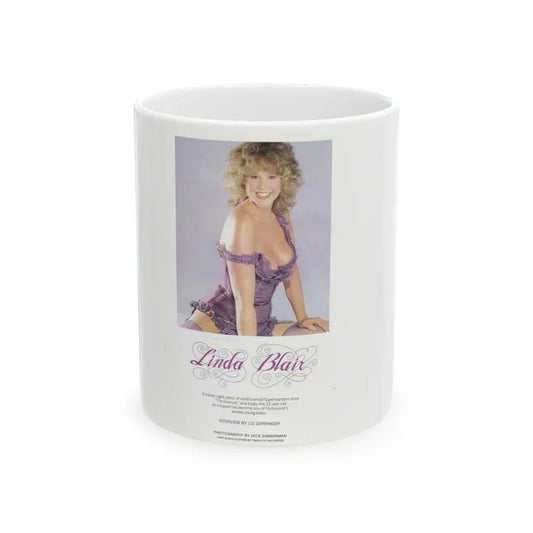 Linda Blair #314 - 1 Page, 1 Photo with lingerie & nipples exposed from OUI Mag. October '82 3 (Vintage Female Icon) White Coffee Mug 11oz - Go Mug Yourself